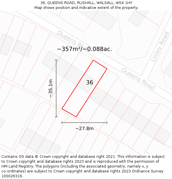 36, QUEENS ROAD, RUSHALL, WALSALL, WS4 1HY: Plot and title map
