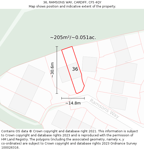 36, RAMSONS WAY, CARDIFF, CF5 4QY: Plot and title map