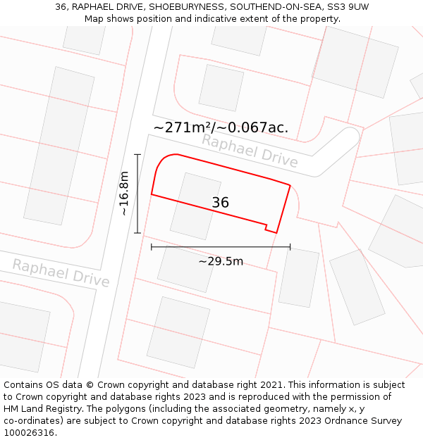 36, RAPHAEL DRIVE, SHOEBURYNESS, SOUTHEND-ON-SEA, SS3 9UW: Plot and title map