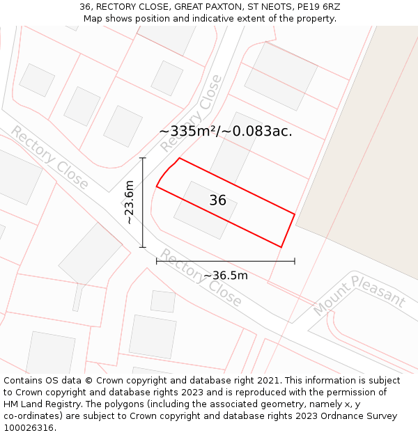 36, RECTORY CLOSE, GREAT PAXTON, ST NEOTS, PE19 6RZ: Plot and title map