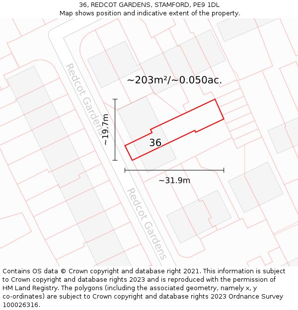 36, REDCOT GARDENS, STAMFORD, PE9 1DL: Plot and title map