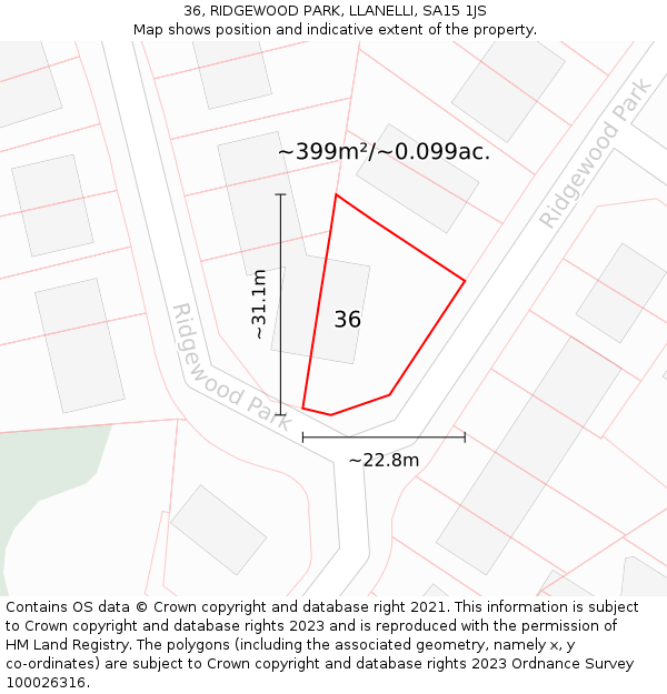 36, RIDGEWOOD PARK, LLANELLI, SA15 1JS: Plot and title map