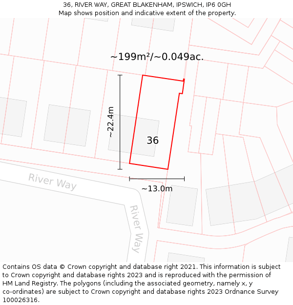 36, RIVER WAY, GREAT BLAKENHAM, IPSWICH, IP6 0GH: Plot and title map