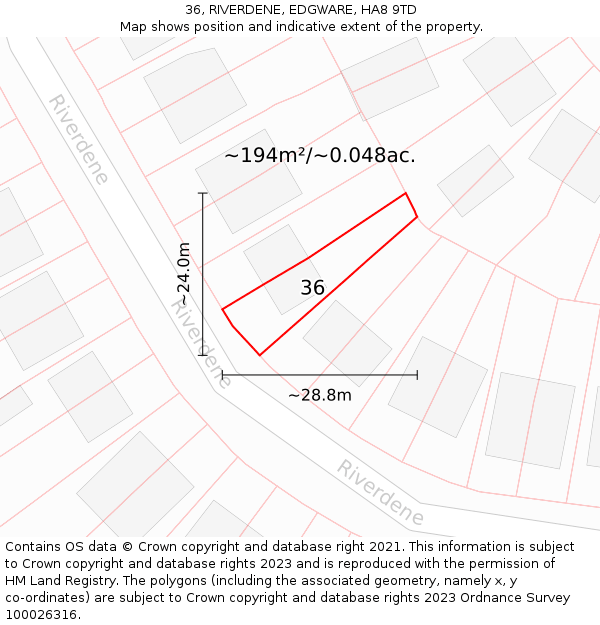 36, RIVERDENE, EDGWARE, HA8 9TD: Plot and title map