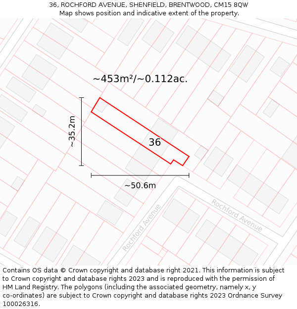 36, ROCHFORD AVENUE, SHENFIELD, BRENTWOOD, CM15 8QW: Plot and title map