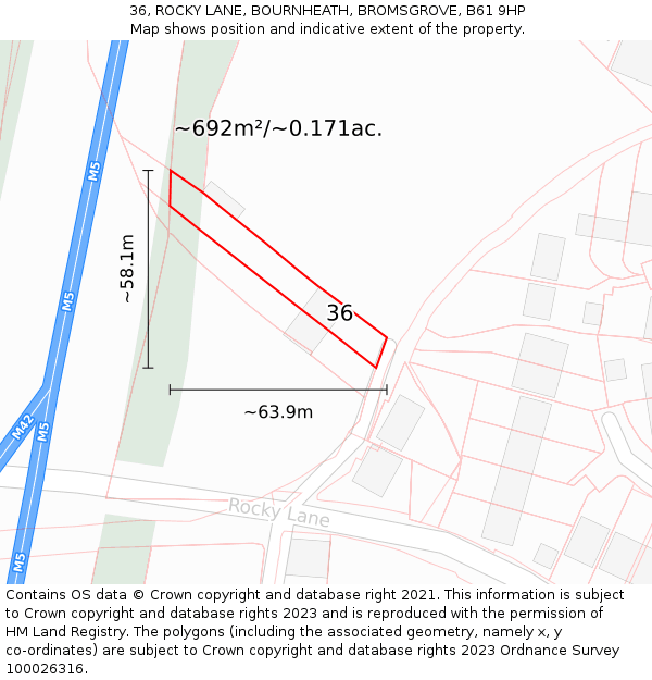 36, ROCKY LANE, BOURNHEATH, BROMSGROVE, B61 9HP: Plot and title map