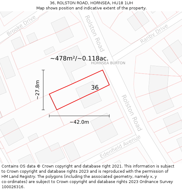 36, ROLSTON ROAD, HORNSEA, HU18 1UH: Plot and title map