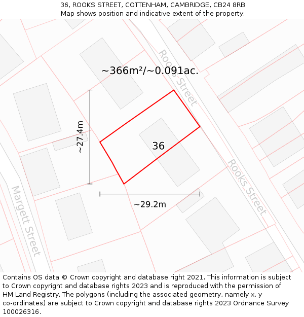 36, ROOKS STREET, COTTENHAM, CAMBRIDGE, CB24 8RB: Plot and title map