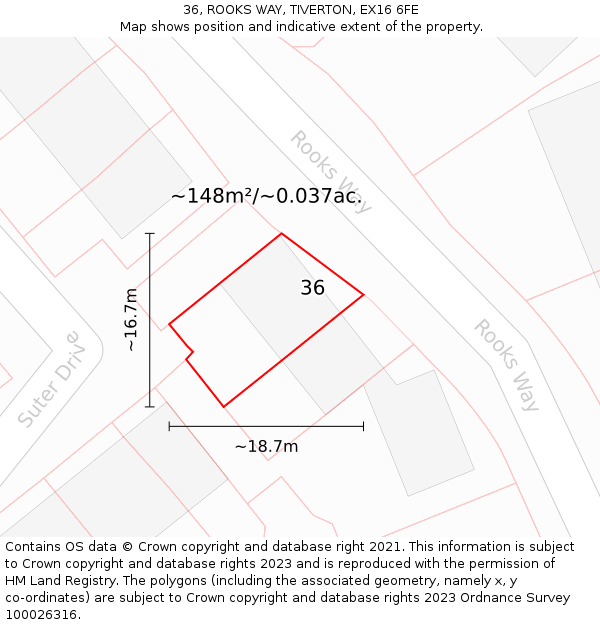 36, ROOKS WAY, TIVERTON, EX16 6FE: Plot and title map