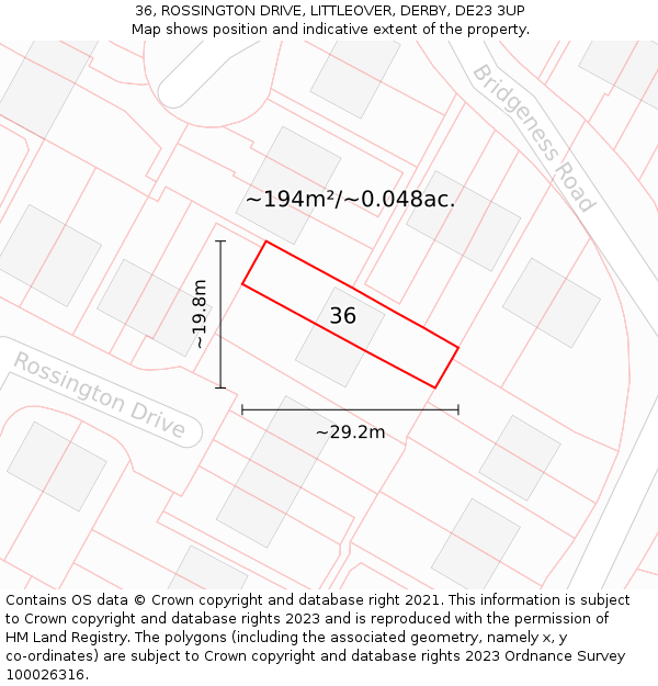 36, ROSSINGTON DRIVE, LITTLEOVER, DERBY, DE23 3UP: Plot and title map