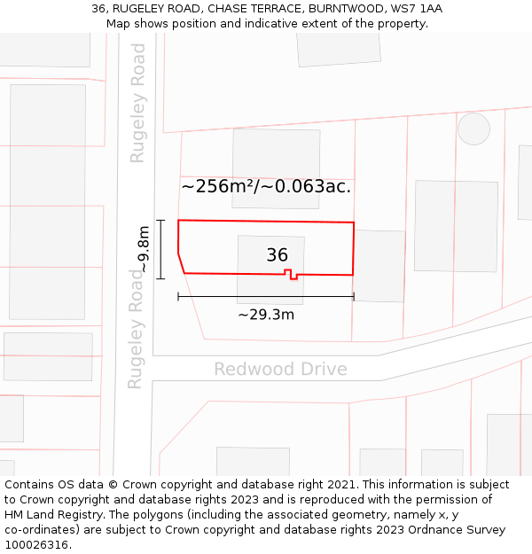 36, RUGELEY ROAD, CHASE TERRACE, BURNTWOOD, WS7 1AA: Plot and title map