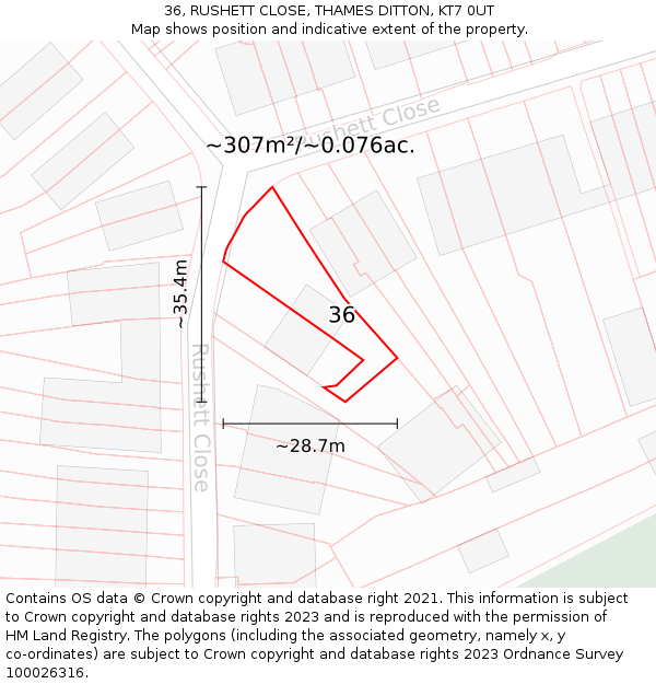 36, RUSHETT CLOSE, THAMES DITTON, KT7 0UT: Plot and title map