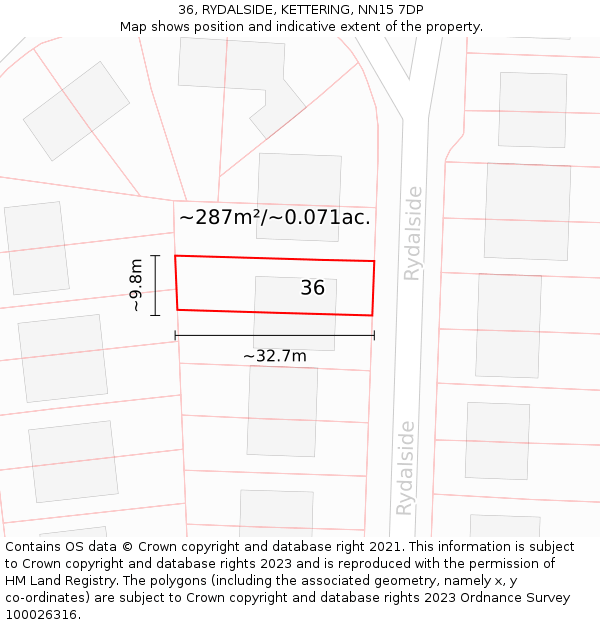 36, RYDALSIDE, KETTERING, NN15 7DP: Plot and title map