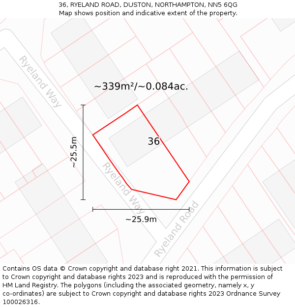 36, RYELAND ROAD, DUSTON, NORTHAMPTON, NN5 6QG: Plot and title map