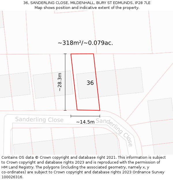 36, SANDERLING CLOSE, MILDENHALL, BURY ST EDMUNDS, IP28 7LE: Plot and title map