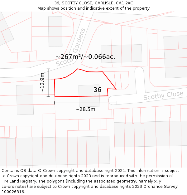 36, SCOTBY CLOSE, CARLISLE, CA1 2XG: Plot and title map