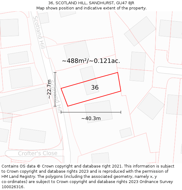 36, SCOTLAND HILL, SANDHURST, GU47 8JR: Plot and title map