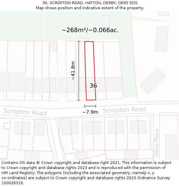 36, SCROPTON ROAD, HATTON, DERBY, DE65 5DS: Plot and title map