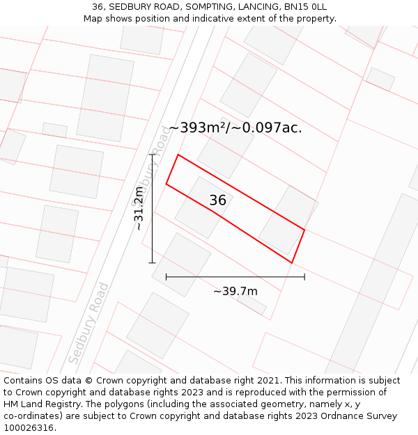 36, SEDBURY ROAD, SOMPTING, LANCING, BN15 0LL: Plot and title map