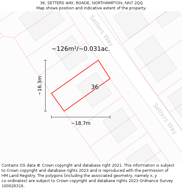 36, SETTERS WAY, ROADE, NORTHAMPTON, NN7 2QQ: Plot and title map