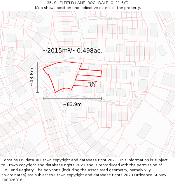 36, SHELFIELD LANE, ROCHDALE, OL11 5YD: Plot and title map