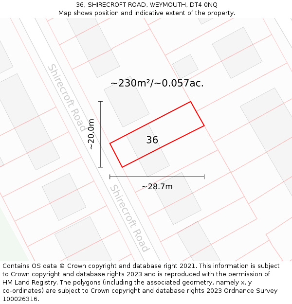 36, SHIRECROFT ROAD, WEYMOUTH, DT4 0NQ: Plot and title map