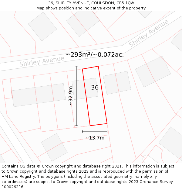 36, SHIRLEY AVENUE, COULSDON, CR5 1QW: Plot and title map