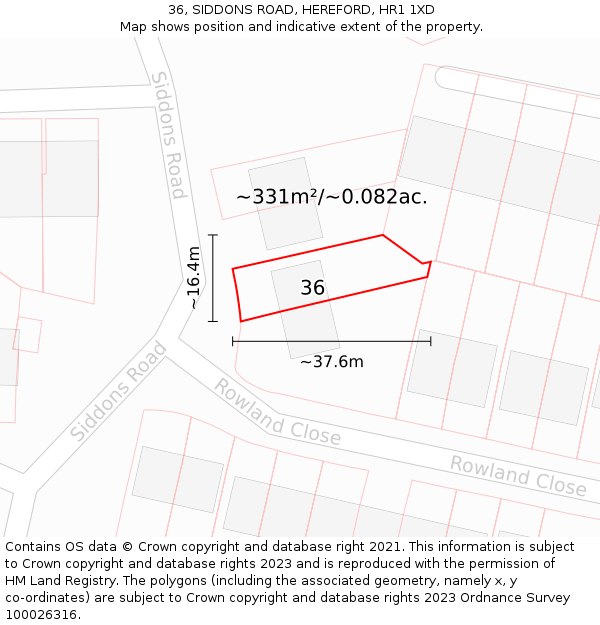 36, SIDDONS ROAD, HEREFORD, HR1 1XD: Plot and title map