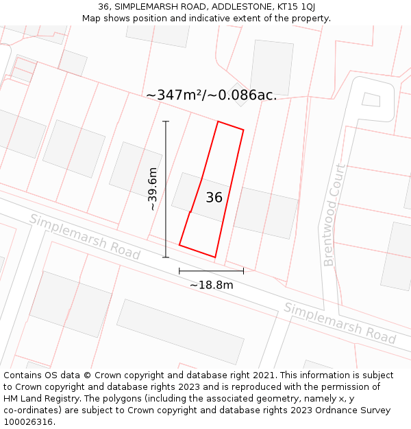 36, SIMPLEMARSH ROAD, ADDLESTONE, KT15 1QJ: Plot and title map