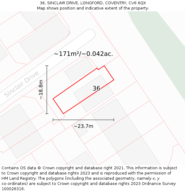 36, SINCLAIR DRIVE, LONGFORD, COVENTRY, CV6 6QX: Plot and title map