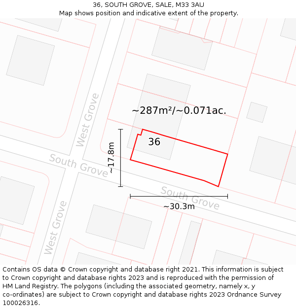 36, SOUTH GROVE, SALE, M33 3AU: Plot and title map