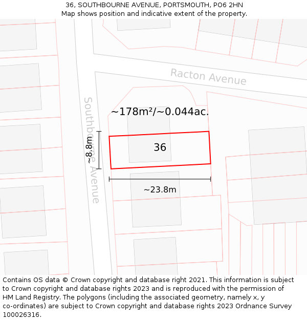 36, SOUTHBOURNE AVENUE, PORTSMOUTH, PO6 2HN: Plot and title map