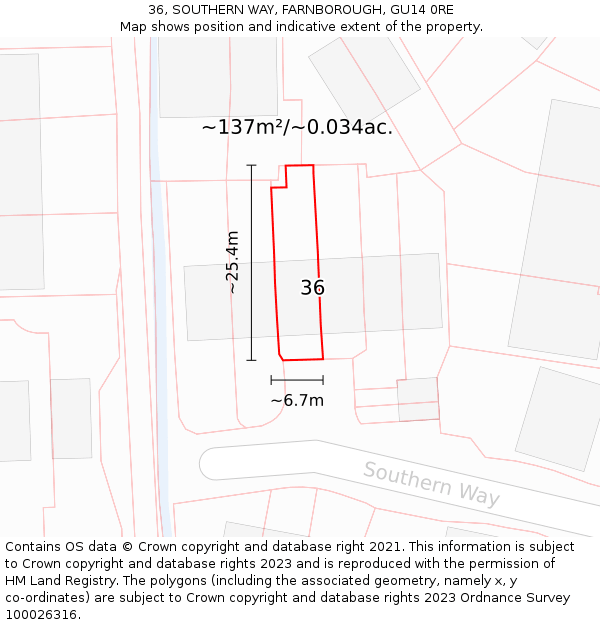 36, SOUTHERN WAY, FARNBOROUGH, GU14 0RE: Plot and title map