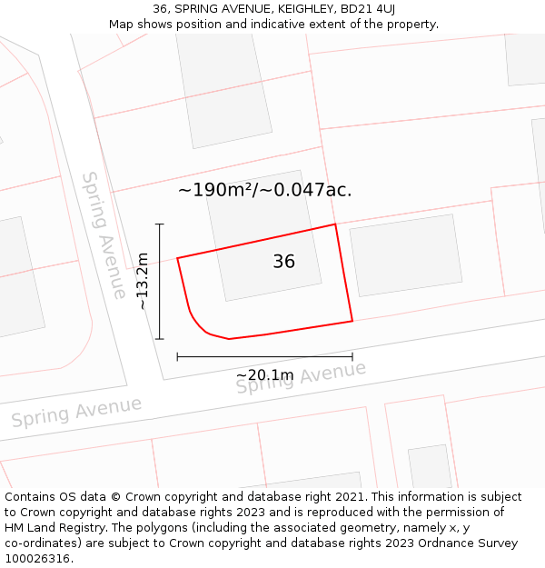 36, SPRING AVENUE, KEIGHLEY, BD21 4UJ: Plot and title map