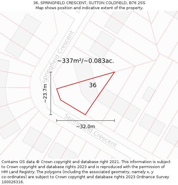 36, SPRINGFIELD CRESCENT, SUTTON COLDFIELD, B76 2SS: Plot and title map