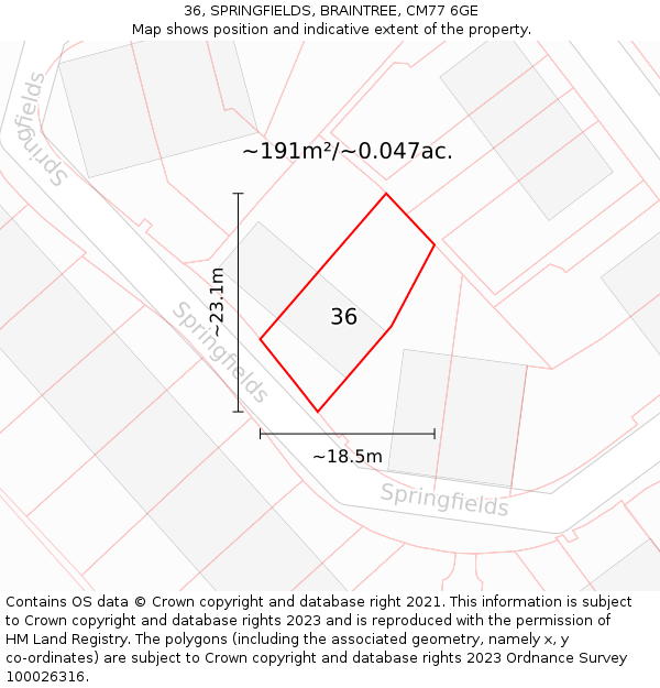 36, SPRINGFIELDS, BRAINTREE, CM77 6GE: Plot and title map