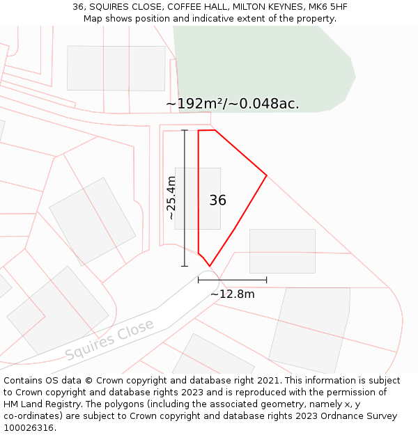 36, SQUIRES CLOSE, COFFEE HALL, MILTON KEYNES, MK6 5HF: Plot and title map