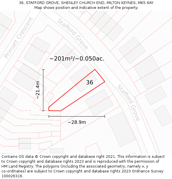 36, STAFFORD GROVE, SHENLEY CHURCH END, MILTON KEYNES, MK5 6AY: Plot and title map