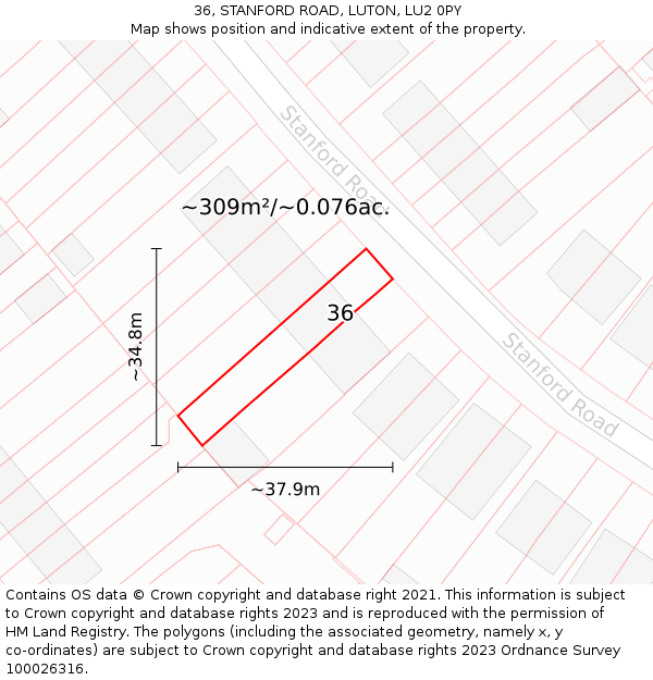 36, STANFORD ROAD, LUTON, LU2 0PY: Plot and title map