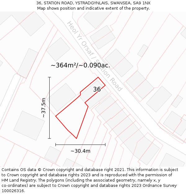 36, STATION ROAD, YSTRADGYNLAIS, SWANSEA, SA9 1NX: Plot and title map