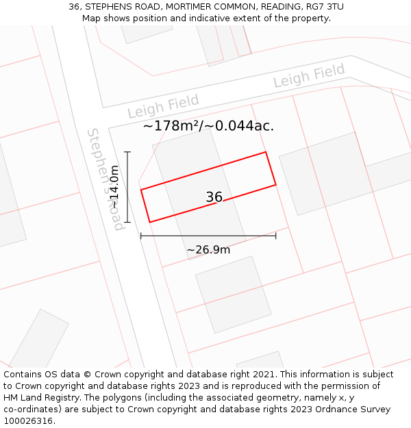 36, STEPHENS ROAD, MORTIMER COMMON, READING, RG7 3TU: Plot and title map