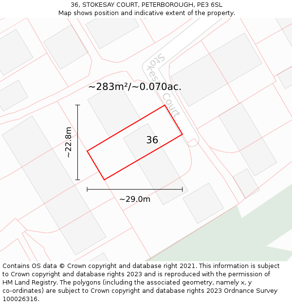 36, STOKESAY COURT, PETERBOROUGH, PE3 6SL: Plot and title map