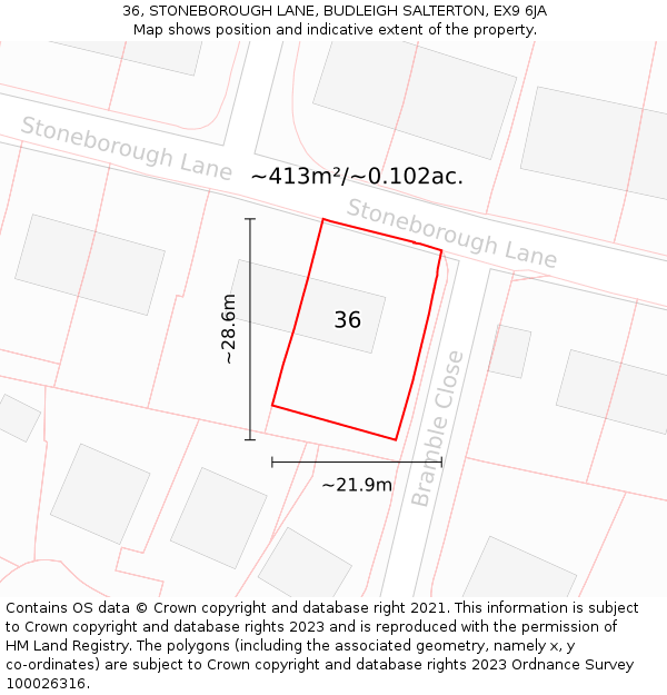 36, STONEBOROUGH LANE, BUDLEIGH SALTERTON, EX9 6JA: Plot and title map