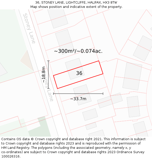 36, STONEY LANE, LIGHTCLIFFE, HALIFAX, HX3 8TW: Plot and title map