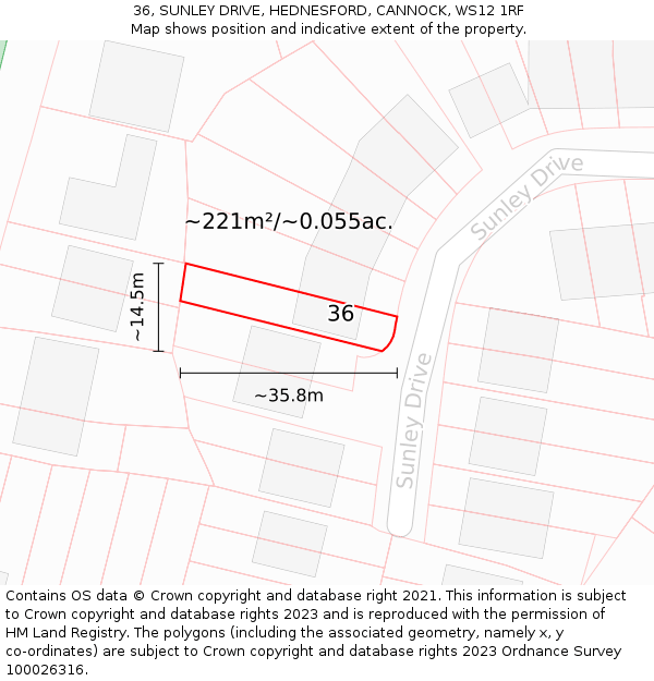 36, SUNLEY DRIVE, HEDNESFORD, CANNOCK, WS12 1RF: Plot and title map