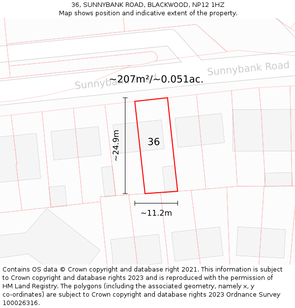 36, SUNNYBANK ROAD, BLACKWOOD, NP12 1HZ: Plot and title map