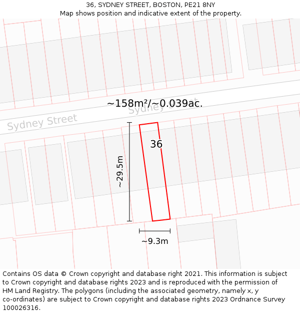 36, SYDNEY STREET, BOSTON, PE21 8NY: Plot and title map