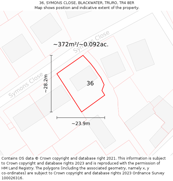 36, SYMONS CLOSE, BLACKWATER, TRURO, TR4 8ER: Plot and title map