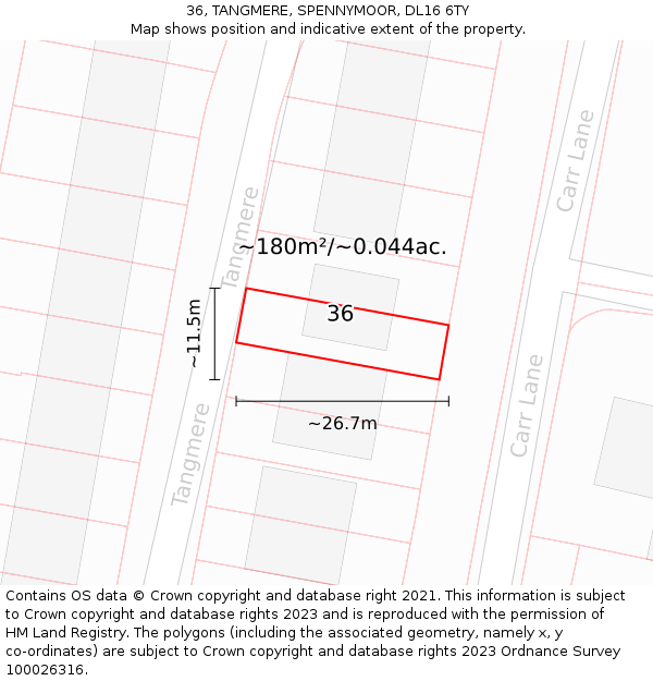 36, TANGMERE, SPENNYMOOR, DL16 6TY: Plot and title map