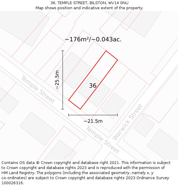 36, TEMPLE STREET, BILSTON, WV14 0NU: Plot and title map